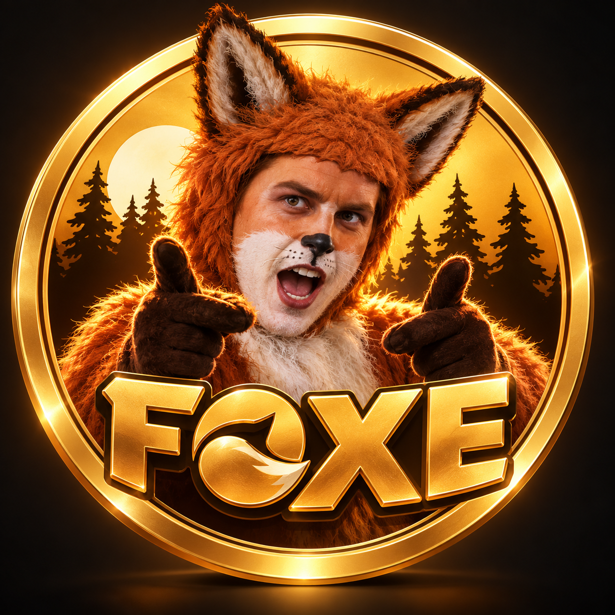 Foxe gold coin with a playful fox-costumed character